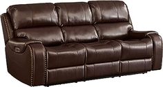 a brown leather reclining sofa sitting on top of a white background