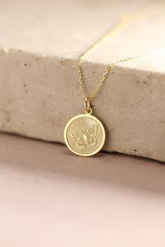 Gold Butterfly Pendant - Butterfly Gold Necklace ● Material of pendant: Solid Gold 14k ( REAL GOLD ) ● Metal Stamp: 14k ( REAL GOLD ) ● The pendant is available in 5 sizes: - 12,7 mm / 0.5 inches (Diameter) - 14,0 mm / 0,55 inches ( Diameter ) In the photos - 15,3 mm / 0.6 inches ( Diameter ) - 16,5 mm / 0,65 inches ( Diameter ) - 19,1 mm / 0,75 inches ( Diameter ) ( In the photos the size is 14mm / 0.55 inches Diameter ) ( Jump Ring inner diameter: 4 mm ) ● Material of chain: Solid gold 14k ( R White Gold Round Charm Necklace As Gift, Round White Gold Charm Necklace As Gift, Round White Gold Charm Necklace Gift, 14k Yellow Gold Necklace With Butterfly Charm, Gold-plated Necklaces For Birthday, Yellow Gold Pendant Necklace With Butterfly Charm, Gold-plated Charm Necklaces For Birthday, Yellow Gold Butterfly Charm Pendant Necklace, Gold Plated Charm Necklaces For Birthday