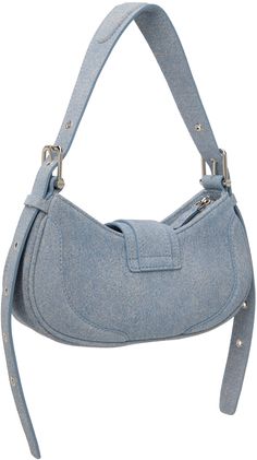 Suede shoulder bag in blue. · Trompe-l'œil graphic throughout · Adjustable and detachable padded shoulder strap · Pin-buckle detailing at magnetic press-stud tab · Zip closure · Patch pocket at interior · Faux-suede lining · Logo-engraved silver-tone hardware · H5.75 x W11 x D3 Supplier color: New denim sky Blue Baguette Bag With Detachable Top Handle, Blue Baguette Bag With Detachable Handle, Blue Crossbody Baguette Bag With Detachable Strap, Evening Shoulder Bag With Double Handle And Snap Closure, Modern Blue Shoulder Bag With Detachable Strap, Chic Blue Baguette Bag With Adjustable Strap, Blue Shoulder Bag With Magnetic Closure, Blue Shoulder Bag With Silver-tone Hardware, Chic Blue Shoulder Bag With Silver-tone Hardware