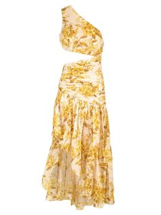 The Golden Asymmetric Dress in Yellow Toile Floral  Cotton one shoulder dress Invisible zip on left side Pleats and gathering throughout Asymmetric hemline Waist cut out on the right side Australian Swimwear, Boho Chic Design, Versace Designer, Asymmetric Dress, Invisible Zip, Dope Outfits, Shirt Skirt, Asymmetrical Dress, Shirt Accessories