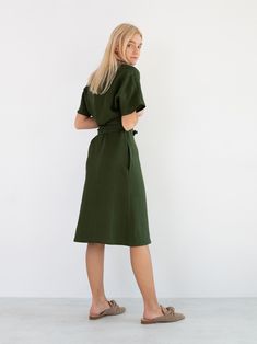 "SUMMER is a short sleeve true wrap closure linen wrap dress. DETAILS - True wrap closure - Dolman style sleeves - Knee length - 100% lightweight European linen fabric - Cut and sewn to order just for you in our studio COLOR - Forest Green, you can also choose other colors above - Fabric samples are available here https://www.etsy.com/listing/586569696/linen-fabric-samples SIZING & FIT - Relaxed fit - True to size - Measurements taken from a size S - Model is 5'8\" / 173cm and wearing a size Wide Leg Linen Trousers, Linen Wrap Dress, Kimono Wrap Dress, Linen Kimono, Linen Crop Top, Studio Color, Kimono Wrap, Dress Linen, Summer Linen