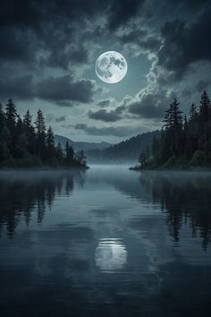 a full moon is seen over the water in this dark night scene with trees and clouds