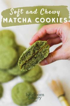 soft and chewy matcha cookies with the title above it