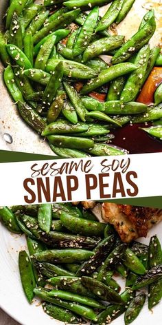 snap peas with sesame seeds in a skillet on the side and an image of chicken breast