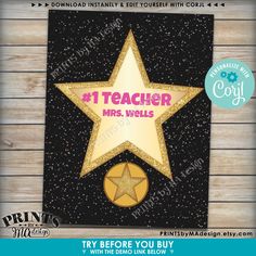 a gold star with the words teacher mrs wells on it, and a black background