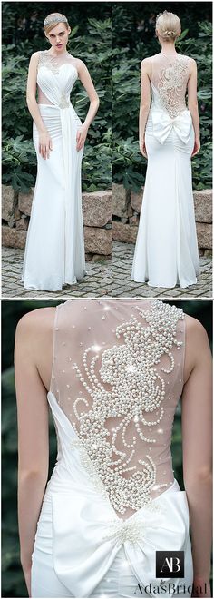 the back of a woman's wedding dress with beading on it