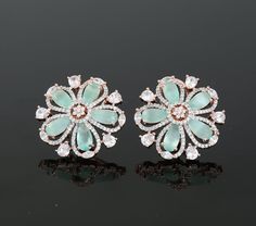 "American Diamonds and CZ Studded Rose Gold Plated Clip on Earrings for womens and girls. Earrings Size: width 1.25\" and length: 1.25\"" Green Flower Wedding Earrings, Green Round Flower Earrings For Wedding, Celebrities Earrings, American Diamond Necklaces, Bangle Ring, Indian Bollywood, Indian Style, American Diamond, Design Silver