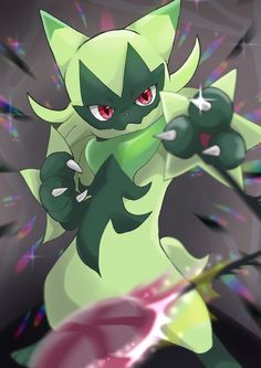 a green and white pokemon character with red eyes holding something in his hand while standing on one leg