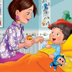 a child in bed talking to an adult who is holding a teddy bear and feeding it