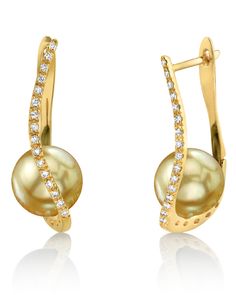 Golden South Sea Pearl & Diamond Eliza Earrings. #pearls  #golden #earrings Gold Pearl Earrings With Diamond Accents For Formal Occasions, Formal Gold Pearl Earrings With Diamond Accents, Formal Gold Diamond Earrings With Pearls, Formal Gold Pearl Diamond Earrings, Illusion Earrings, Pearl Earrings Designs, Classic Pearl Earrings, Sea Earrings, South Sea Pearls Earrings