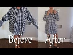 the woman is wearing a dress with long sleeves and heels, before and after her haircut