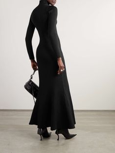 BALENCIAGA Turtleneck ribbed silk-blend maxi dress Turtleneck Maxi Dress, Uzun Boy, Black Turtleneck Dress, Turtleneck Dress Sleeveless, Balenciaga Spring, Turtleneck Midi Dress, Ribbed Tank Dress, Ribbed Maxi Dress, Exclusive Dress