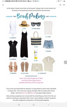 the beach packing list is displayed on an iphone screen, and it shows what to pack for