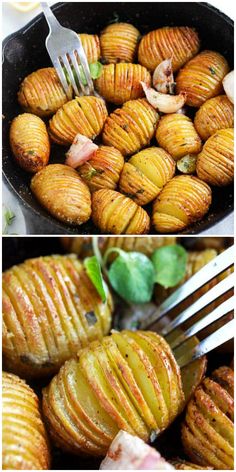 potatoes being cooked in a cast iron skillet with a fork and knife next to them