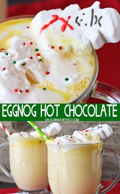 eggnog hot chocolate in glasses with marshmallows