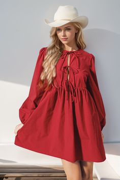 Features: Tied, Ruched Sheer: Opaque Stretch: Slightly stretchy Body: Not lined Material composition: 55% cotton, 45% polyester Care instructions: Machine wash cold. Tumble dry low. Imported Size US Length Shoulder Bust Sleeve Length S 2/4 34.8 14.4 37.8 24.8 M 6/8 35.4 14.9 40.2 25.2 L 10/12 36 15.4 42.5 25.6 XL 14/16 36.6 16.1 45.7 26 2XL 18/20 37.2 16.8 48.8 26.4 About Us: Welcome to Lizzie's! We hope you find unique pieces you'll love for years! We've been in the fashion business since 2016. Cotton Mini Dress With Tie Waist For Day Out, Solid Cotton Mini Dress With Long Sleeves, Solid Cotton Long Sleeve Mini Dress, Chic Cotton Drawstring Dress, Chic Cotton Dress With Drawstring, Red Ruched Cotton Dress, Red Spring Dress With Drawstring, Red Drawstring Dress For Spring, Red Cotton Mini Dress For Brunch