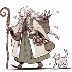 a drawing of a woman with an umbrella and cat