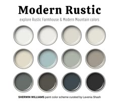 Introducing Modern Rustic color palette! This Sherwin Williams paint palette is perfect for creating a rustic farmhouse, modern mountain, moody cottage or modern minimalist aesthetic in your home. Featuring a curated selection of serene and sophisticated hues including whites, neutrals, blues and greens, brown and black, this whole home interior scheme brings a sense of calm and simplicity to every room. Transform your living space with these timeless colors, and enjoy the elegant and airy ambiance of rustic design. For those desiring a unified whole-house color solution, this home color scheme offers popular light neutral shades that infuse freshness and openness into your interiors. The deeper hues are poised to serve as excellent colors for accent walls, kitchen islands and cabinets, fu West Coast Color Palette, House Interior Paint Ideas Color Schemes, Entire House Paint Scheme, Modern Rustic Paint Colors, Organic Home Interior, Farmhouse Kitchen Paint Colors, Modern Rustic Color Palette, Farmhouse Accent Wall, Rustic Color Palette