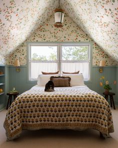 a bed sitting under a window in a bedroom