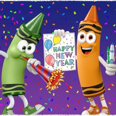 two happy new year's greetings with crayons and fireworks