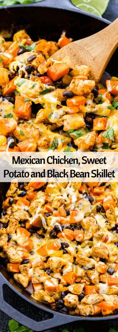 the mexican chicken, sweet potato and black bean skillet is ready to be eaten