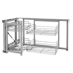 two metal shelves with baskets on each shelf