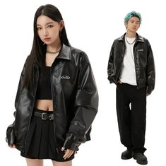 Korean Casual Leather Jacket – Pastel Kitten Unique Clothing Stores, Punk Leather Jacket, Rash Guard Swimwear, Techwear Fashion, Casual Leather Jacket, Korean Casual, Dark Outfits, Solid Tops, Casual Tee