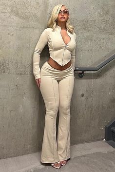 Available In Beige And Black. Pant Set Jacket Front Zipper Flare Leg Pant Low V Front Back Zipper Closure 92% Polyester 8% Spandex Imported | Getting Too Low Pant Set in Beige size XS by Fashion Nova Stephanie Rao Outfits, Stephanie Rao, Denim Maxi Dress, Womens Clothing Patterns, Beige And Black, Flare Leg Pants, Plus Size Jumpsuit, Streetwear Y2k, Pant Set