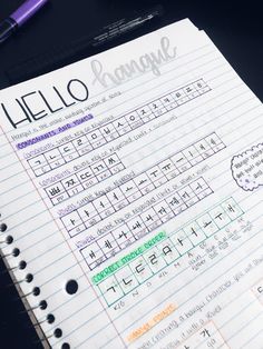 a notebook with writing on it next to a pen and paper clippings that say hello