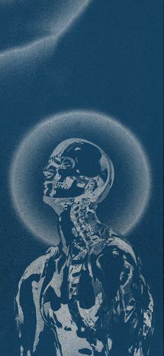 an image of a skeleton with a halo above it's head and the sky in the background