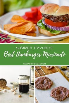 some hamburgers and chips on a plate with the words summer favorite best hamburger marinade