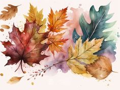 watercolor fall leaves on white paper with gold and red colors in the background,