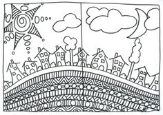 a black and white drawing of a cityscape with clouds, stars and buildings