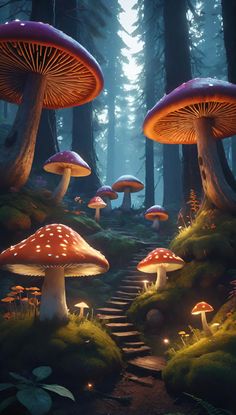 a group of mushrooms sitting on top of a lush green forest covered in lots of bright lights