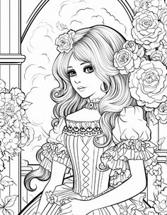 a girl with long hair and flowers in her hair wearing a dress that has roses on it