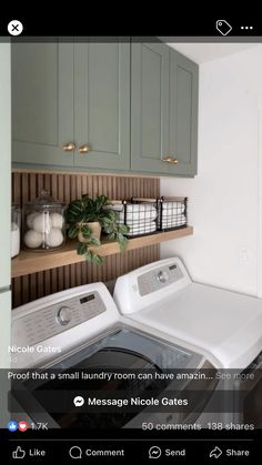 a washer and dryer sitting in a room next to each other on top of a shelf