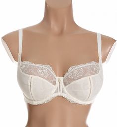 Designed for the full-busted and full-figure woman, this absolutely stunning underwire bra features non-stretch multi-part cups with sheer, embroidered upper cup and center. Lower panels are opaque with a muted print. Restricted stretch straps help prevent "bounce." 3-part, unpadded underwire cups have non-stretch mesh lining along bottom and side. Angled and vertical center cup seaming shapes your breasts. Center panel - arched for high tummy comfort, with mother-of-pearl button accent. Tall, s Classic Full Cup Bra With Removable Cups, Elegant Padded Beige Bra, Elegant Fitted Bra With Medium Bust Support, Elegant Cream Bra With Medium Bust Support, Elegant White Bra With Removable Cups, Classic Cream Bra With Padded Cups, Elegant White Underbust Bra, Elegant Bra With Removable Cups And Underwire, Elegant Lace Padded Bra