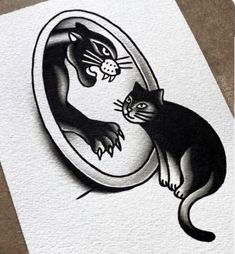 a black and white drawing of a cat looking at itself in a mirror with its tail hanging out