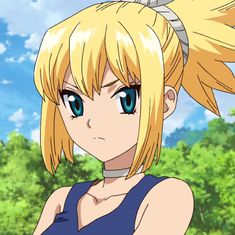 an anime character with blonde hair and blue eyes looking at the camera, in front of trees