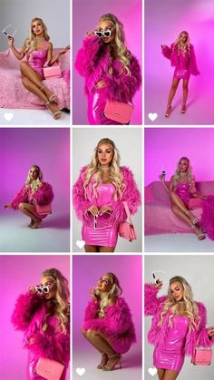 a collage of photos showing the different poses of a woman in pink outfits and accessories