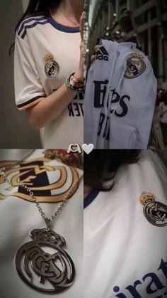 a woman wearing a white shirt and holding onto a soccer jersey with the logo of real madrid on it