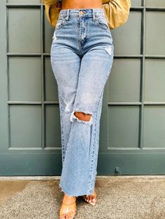 These Mom Jeans are super comfortable and can easily become your fav pair of jeans. High Waisted Distress Wide Leg Jeans with good stretch features rips on the knees and light distressing at the hips. Medium Wash 99% Cotton/1% Spandex Model wearing size 9 Jeans High Waisted, Best Stretches, Good Stretches, Ripped Jeans, Wide Leg Jeans, Leg Jeans, Mom Jeans, Outfit Ideas, Wide Leg