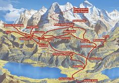 a map showing the location of many different mountains and lakes in europe, with names on each side