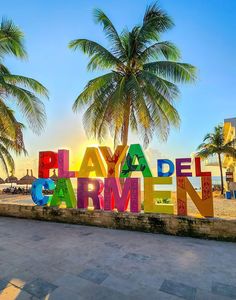 the word playa del mar men written in multicolored letters next to palm trees