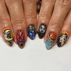 nail by kellyohstein nail art, maximalist nails, ethereal nails, whimsical nails, witchy nails, halloween nails, magical nails, mystical nails, spooky nails, almond nails, eccentric nails, tarot nails Nails Witchy, Art Nouveau Nails, Wiccan Nails, Bohemian Nails