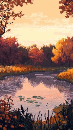 a painting of a lake surrounded by trees and flowers in the foreground is an orange sunset