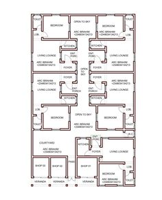 the floor plan for an office building, with several rooms and two bathrooms on each side