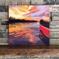 a painting of a boat on the water at sunset