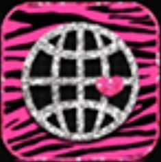 a pink and black zebra print with a heart on it's center, in the shape of a globe