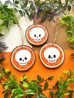 three wooden slices with painted skulls on them and some green leaves around the edges, sitting on an orange surface